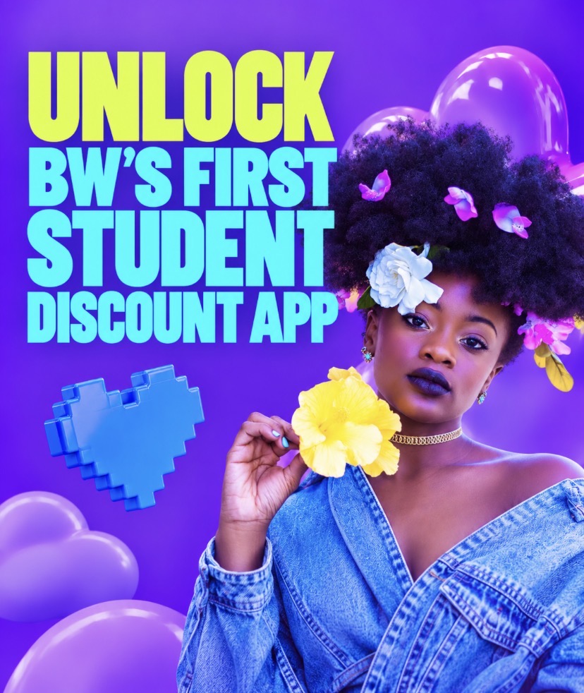 Unlock Botswana's first student discount app — a student in a denim jacket with a flowered afro holding a yellow flower, with a blue pixel heart and purple balloons
